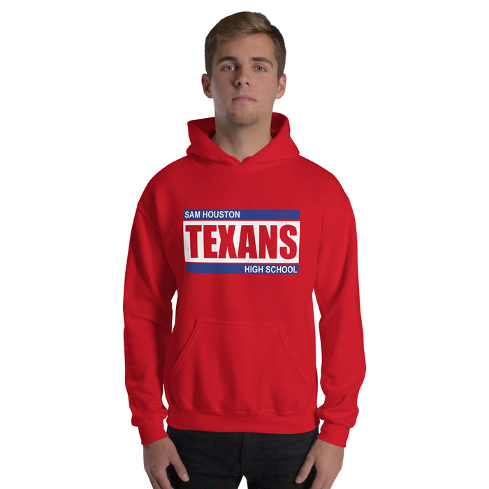 Man wearing Sam Houston High School Texans Red Classic Unisex Hoodie 098