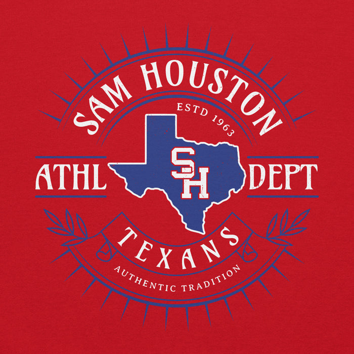 Close-up view of Sam Houston High School Texans Red Classic Unisex Hoodie 201