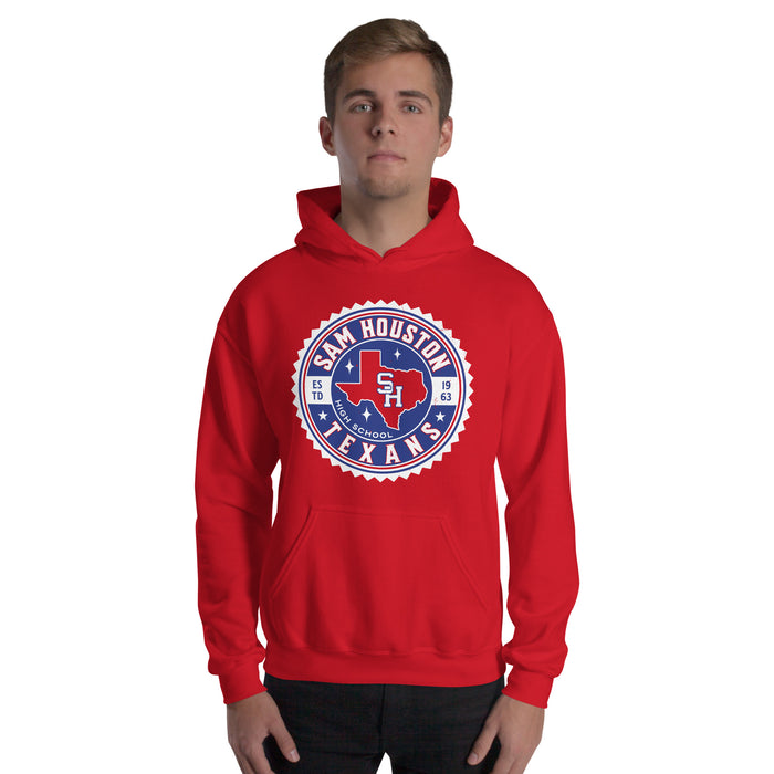 Man wearing Sam Houston High School Texans Red Classic Unisex Hoodie 203