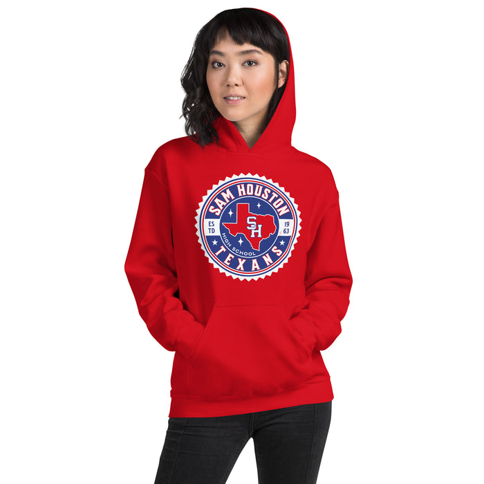 Woman wearing Sam Houston High School Texans Red Classic Unisex Hoodie 203