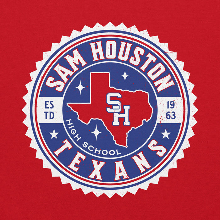 Close-up view of Sam Houston High School Texans Red Classic Unisex Hoodie 203