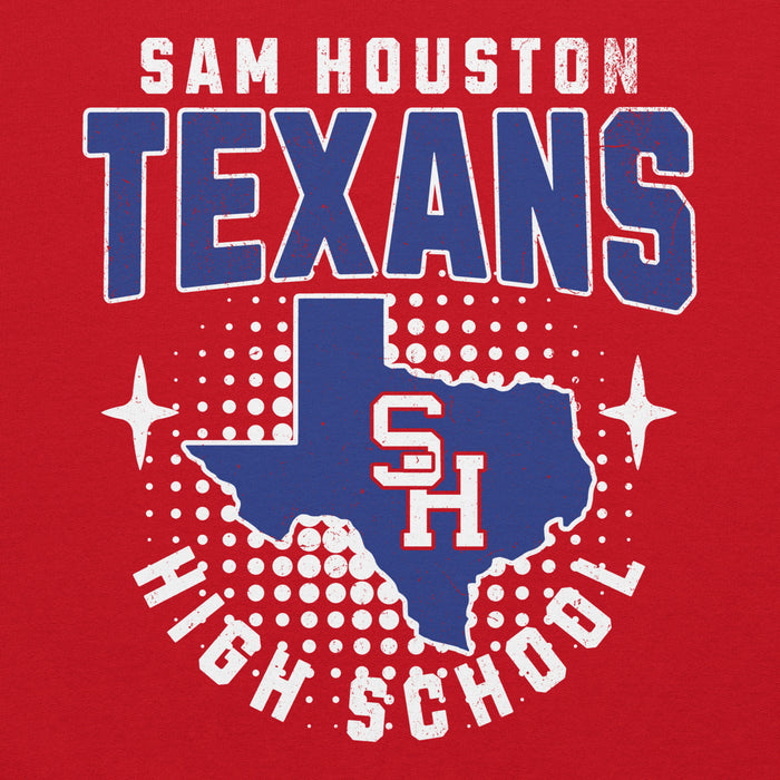 Close-up view of Sam Houston High School Texans Red Classic Unisex Hoodie 204