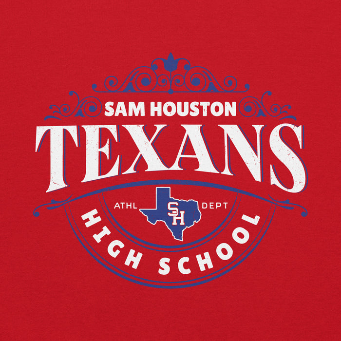 Close-up view of Sam Houston High School Texans Red Classic Unisex Hoodie 211