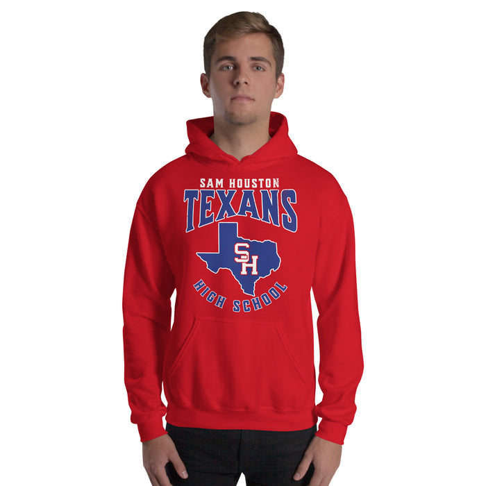 Man wearing Sam Houston High School Texans Red Classic Unisex Hoodie 213