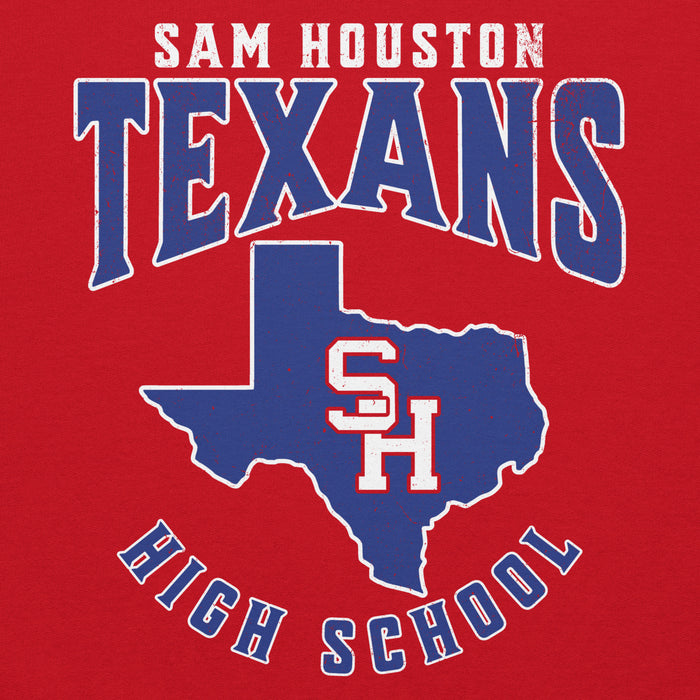 Close-up view of Sam Houston High School Texans Red Classic Unisex Hoodie 213