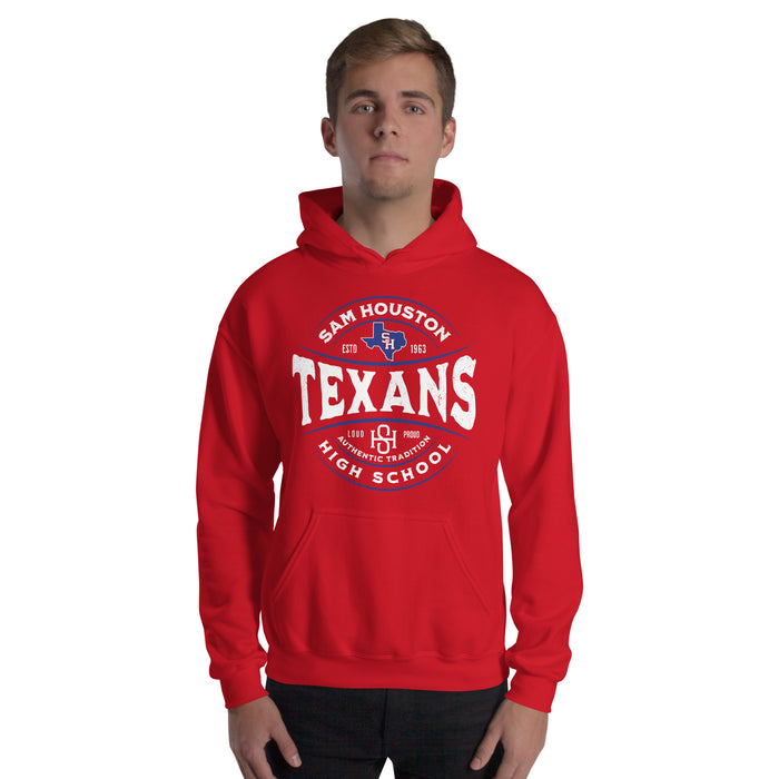 Man wearing Sam Houston High School Texans Red Classic Unisex Hoodie 218