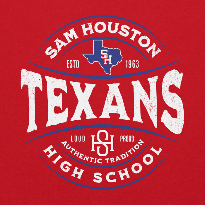 Close-up view of Sam Houston High School Texans Red Classic Unisex Hoodie 218