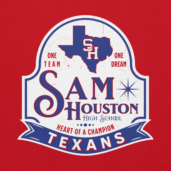 Close-up view of Sam Houston High School Texans Red Classic Unisex Hoodie 219