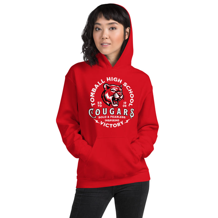 Woman wearing Tomball High School Cougars Red Classic Unisex Hoodie 206