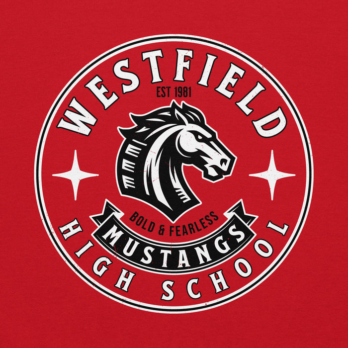 Close-up view of Westfield High School Mustangs Red Classic Unisex Hoodie 215