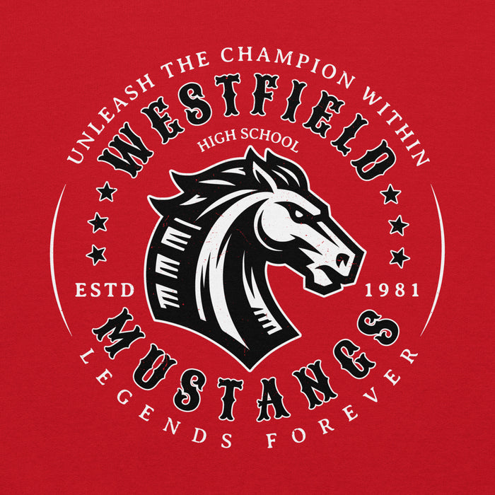 Close-up view of Westfield High School Mustangs Red Classic Unisex Hoodie 214