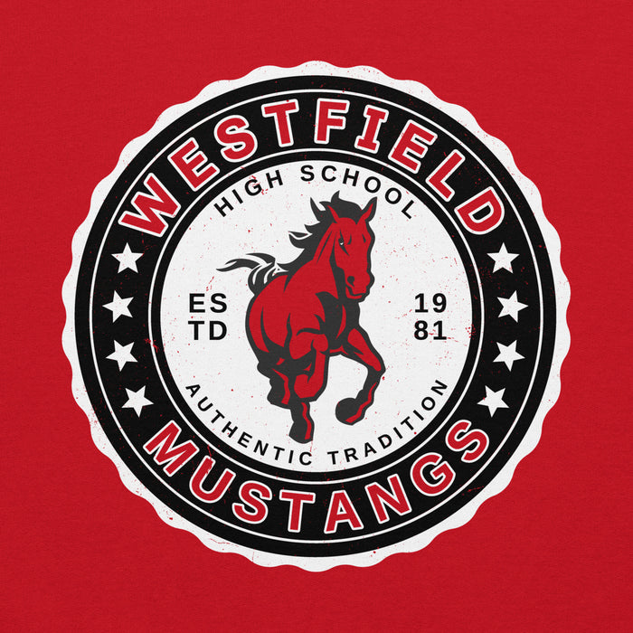 Close-up view of Westfield High School Mustangs Red Classic Unisex Hoodie 216