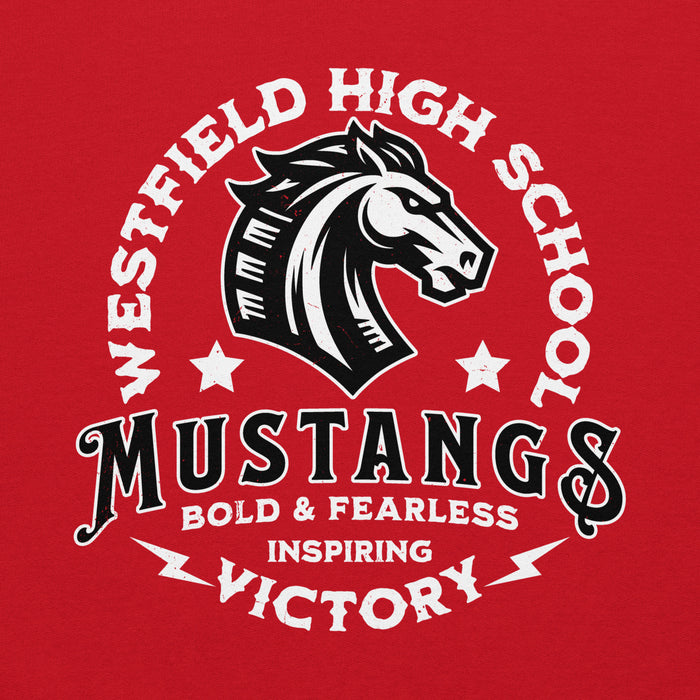 Close-up view of Westfield High School Mustangs Red Classic Unisex Hoodie 206