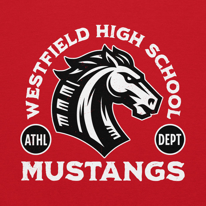 Close-up view of Westfield High School Mustangs Red Classic Unisex Hoodie 208