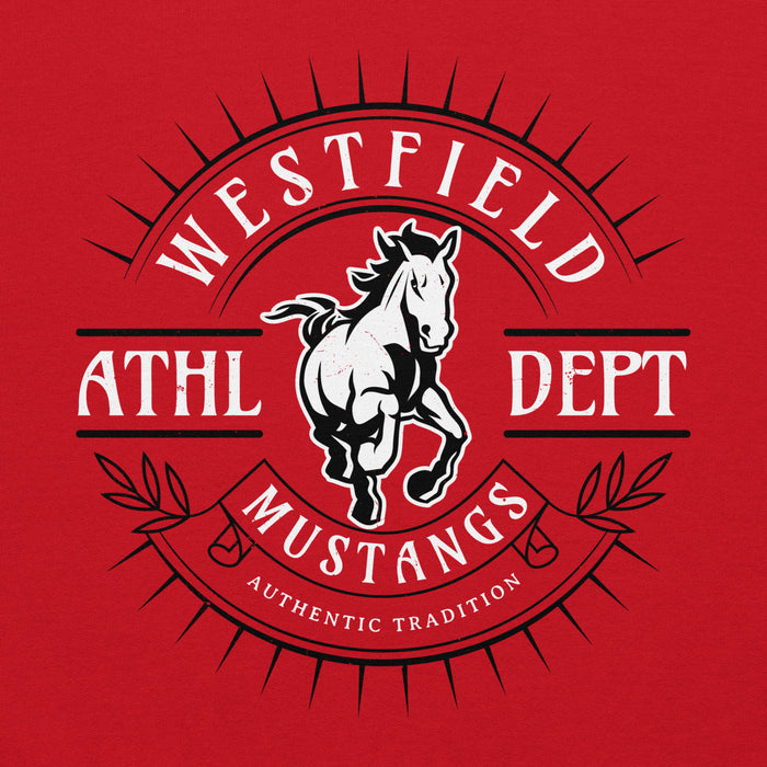 Close-up view of Westfield High School Mustangs Red Classic Unisex Hoodie 201