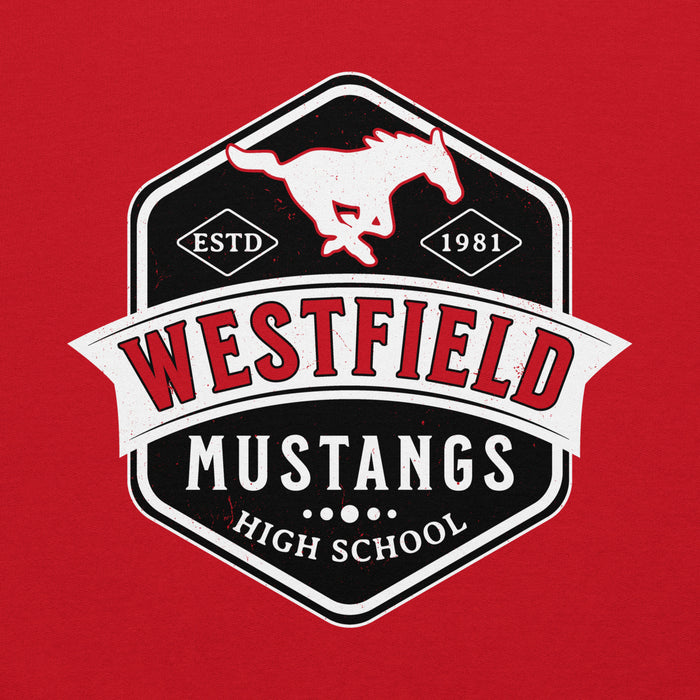 Man wearing Westfield High School Mustangs Red Classic Unisex Hoodie 209