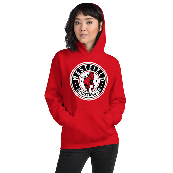 Woman wearing Westfield High School Mustangs Red Classic Unisex Hoodie 220