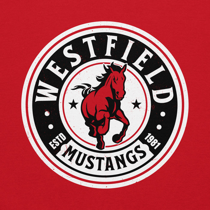 Close-up view of Westfield High School Mustangs Red Classic Unisex Hoodie 220