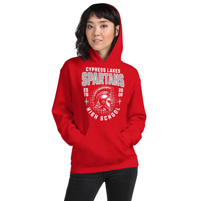 Woman wearing Cypress Lakes High School Spartans Red Classic Unisex Hoodie 204