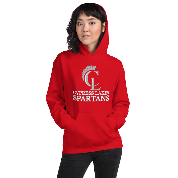 Woman wearing Cypress Lakes High School Spartans Red Classic Unisex Hoodie 233