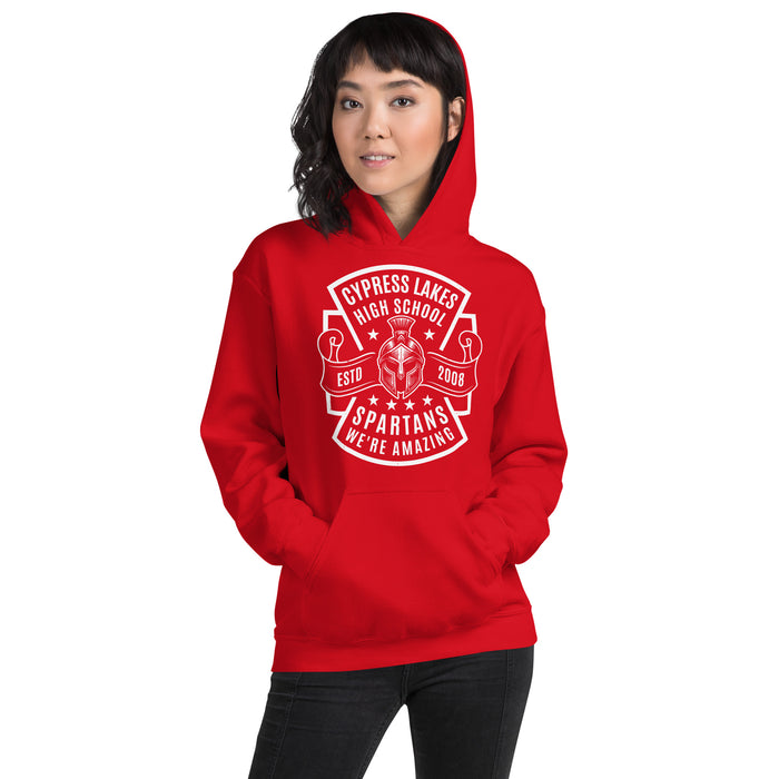 Woman wearing Cypress Lakes High School Spartans Red Classic Unisex Hoodie 207