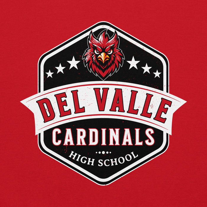 Close-up view of Del Valle High School Cardinals Red Classic Unisex Hoodie 209