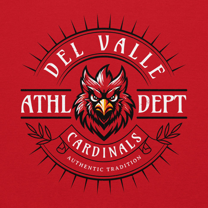 Close-up view of Del Valle High School Cardinals Red Classic Unisex Hoodie 201