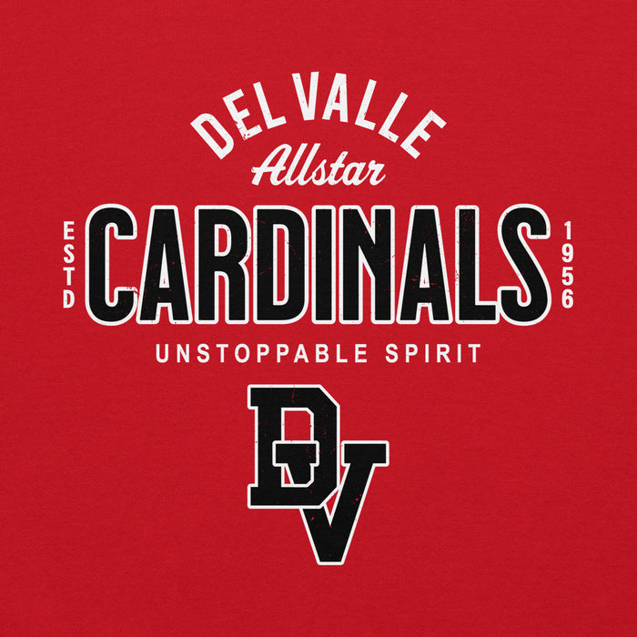 Close-up view of Del Valle High School Cardinals Red Classic Unisex Hoodie 040