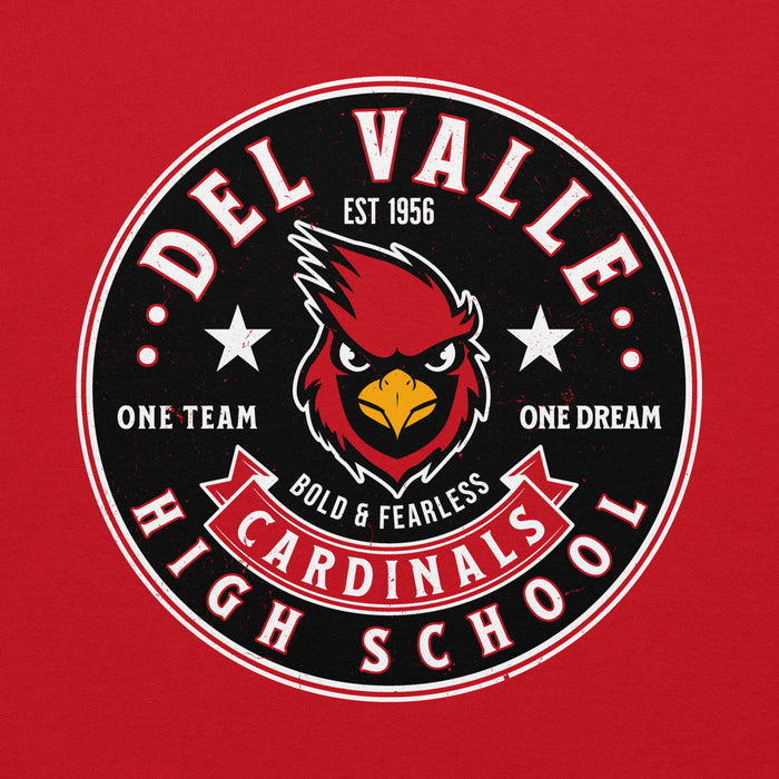 Close-up view of Del Valle High School Cardinals Red Classic Unisex Hoodie 215