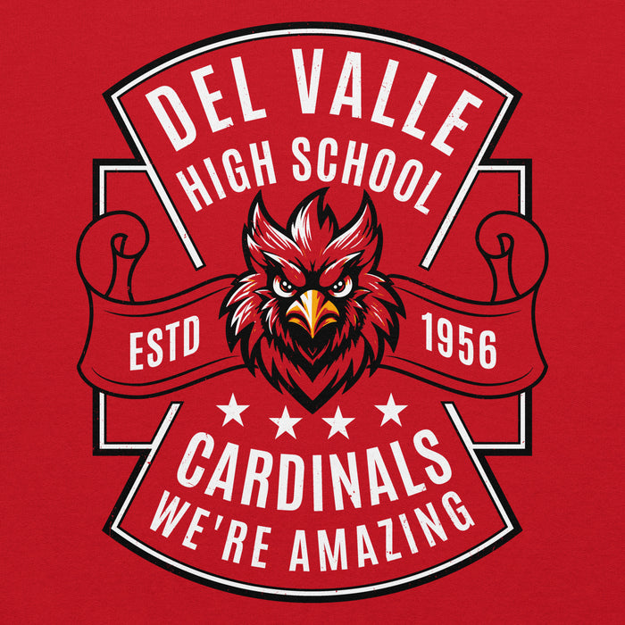 Close-up view of Del Valle High School Cardinals Red Classic Unisex Hoodie 207