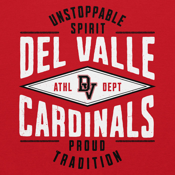 Close-up view of Del Valle High School Cardinals Red Classic Unisex Hoodie 210