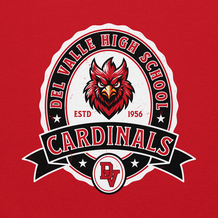 Close-up view of Del Valle High School Cardinals Red Classic Unisex Hoodie 212