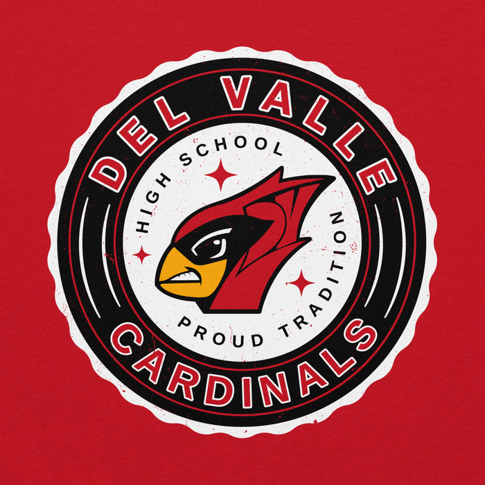 Close-up view of Del Valle High School Cardinals Red Classic Unisex Hoodie 216