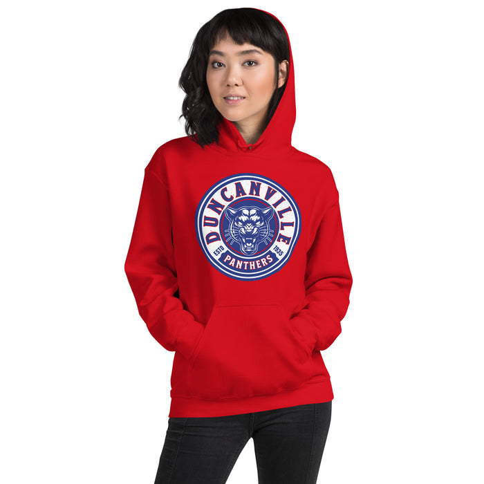 Woman wearing Duncanville High School Panthers Red Classic Unisex Hoodie 220