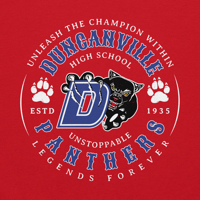 Close-up view of Duncanville High School Panthers Red Classic Unisex Hoodie 214