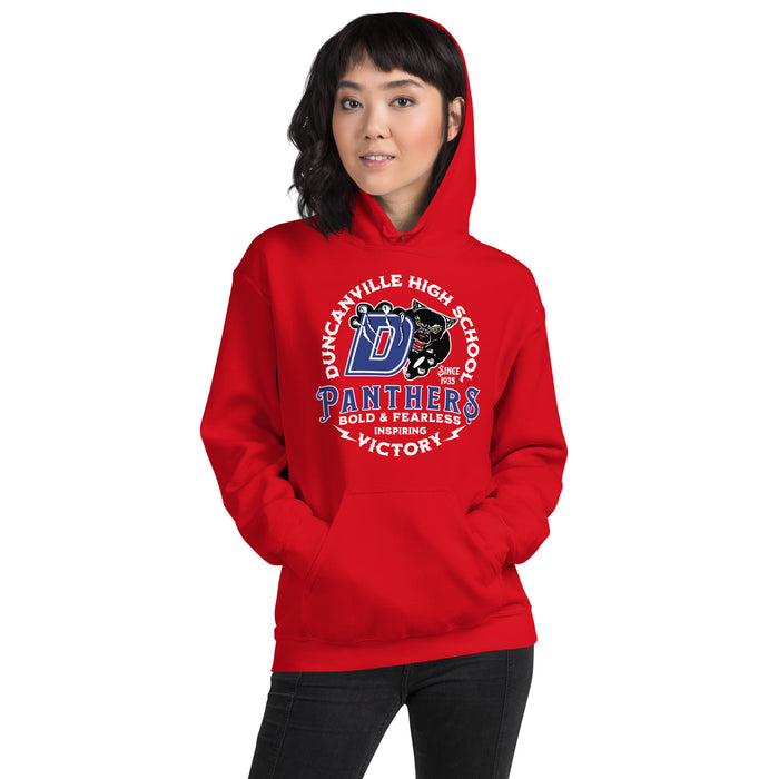 Woman wearing Duncanville High School Panthers Red Classic Unisex Hoodie 206