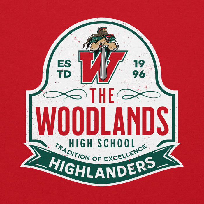 Close-up view of The Woodlands High School Highlanders Red Classic Unisex Hoodie 219