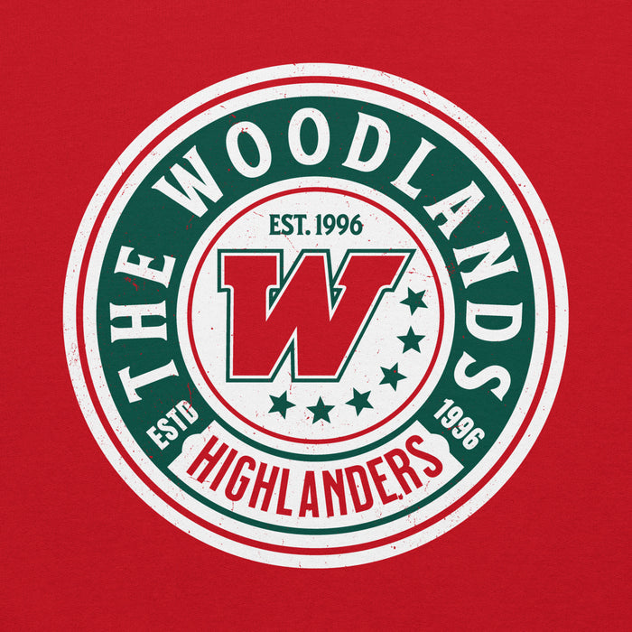 Close-up view of The Woodlands High School Highlanders Red Classic Unisex Hoodie 220