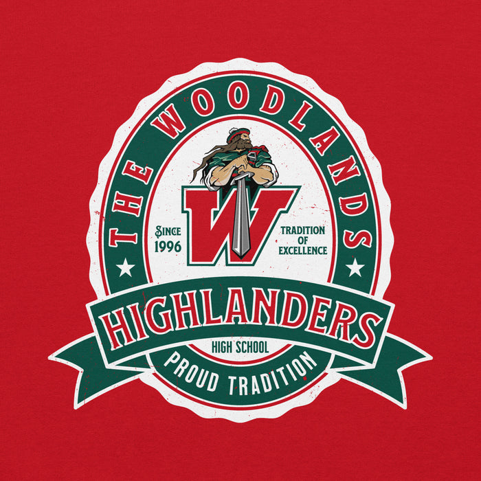 Close-up view of The Woodlands High School Highlanders Red Classic Unisex Hoodie 212