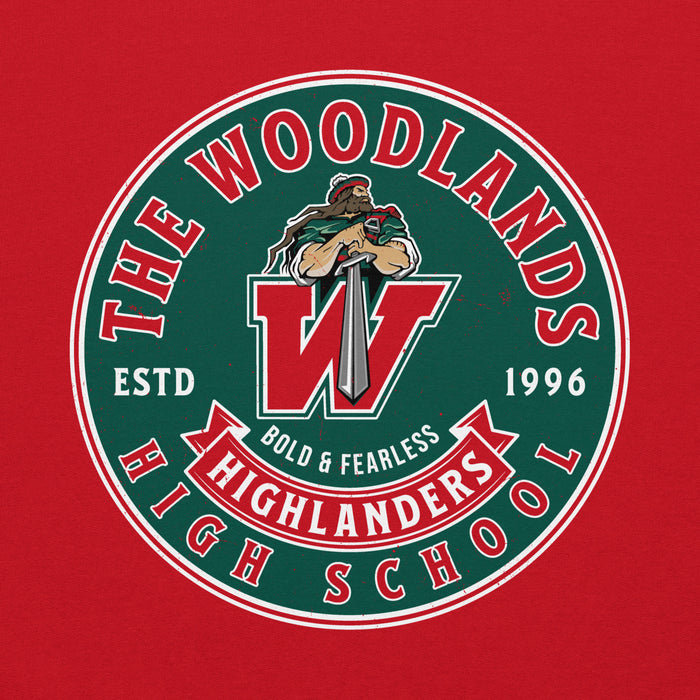 Close-up view of The Woodlands High School Highlanders Red Classic Unisex Hoodie 215