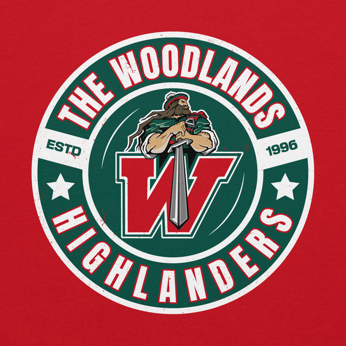 Close-up view of The Woodlands High School Highlanders Red Classic Unisex Hoodie 239
