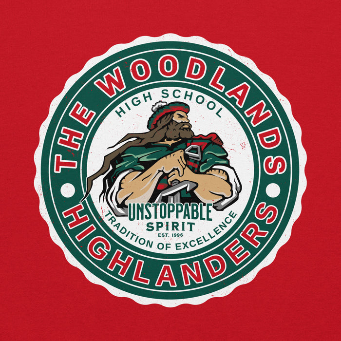 Close-up view of The Woodlands High School Highlanders Red Classic Unisex Hoodie 216