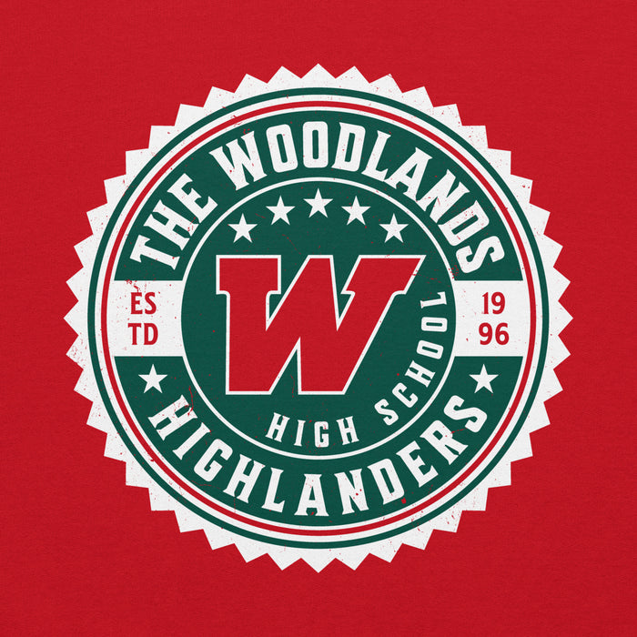 Close-up view of The Woodlands High School Highlanders Red Classic Unisex Hoodie 203