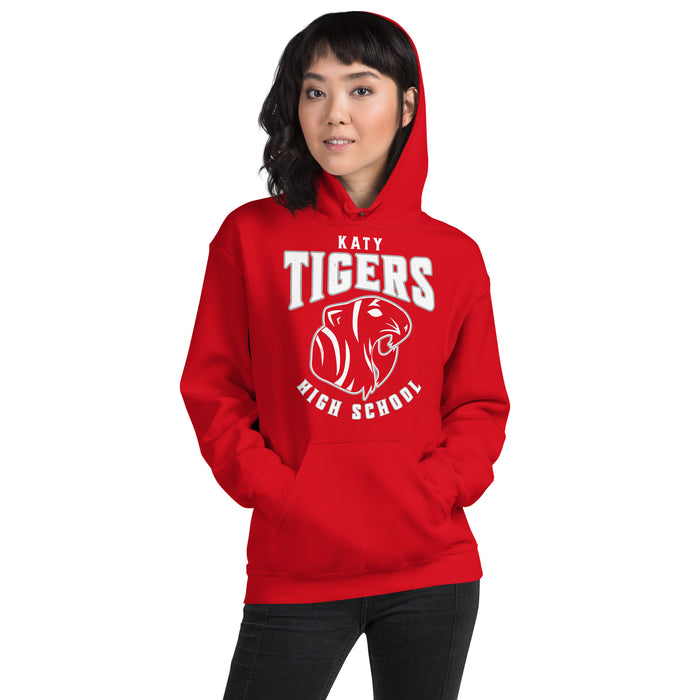 Woman wearing Katy High School Tigers Red Classic Unisex Hoodie 213