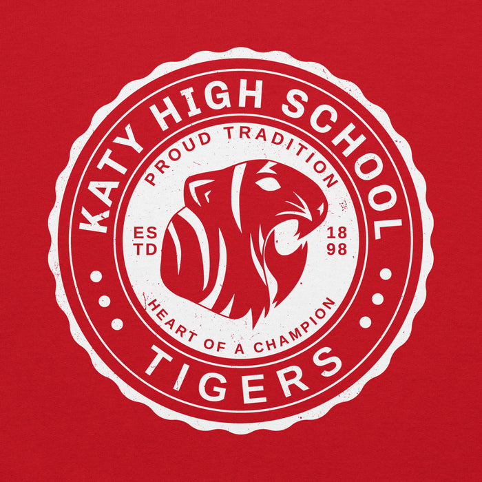 Close-up view of Katy High School Tigers Red Classic Unisex Hoodie 216