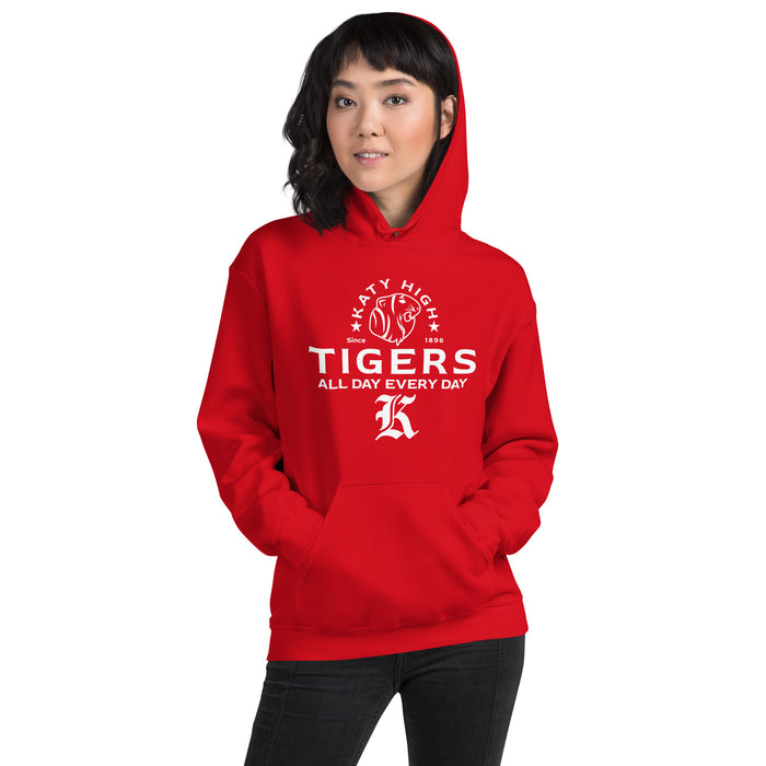 Woman wearing Katy High School Tigers Red Classic Unisex Hoodie 222