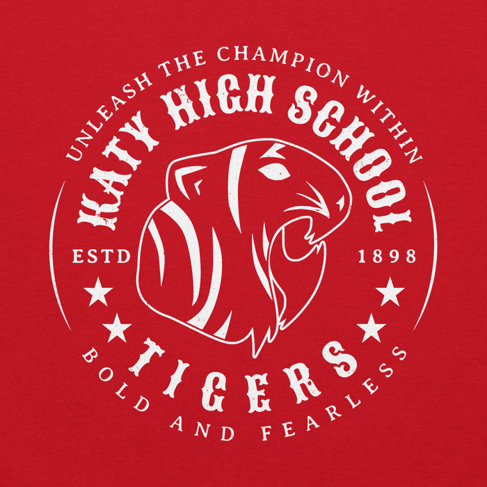 Close-up view of Katy High School Tigers Red Classic Unisex Hoodie 214