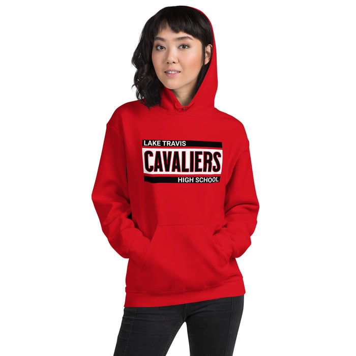 Woman wearing Lake Travis High School Cavaliers Red Classic Unisex Hoodie 098