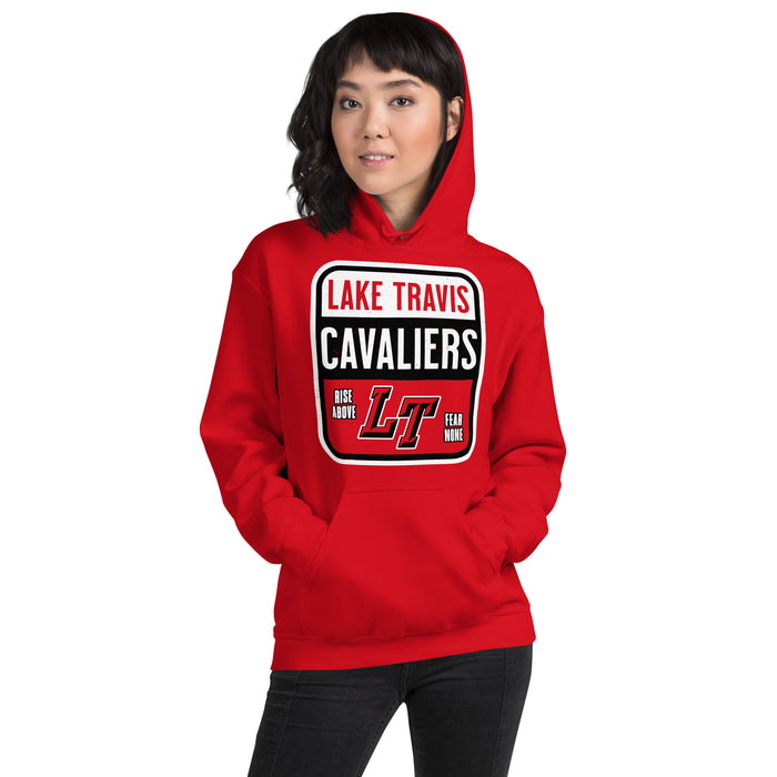 Woman wearing Lake Travis High School Cavaliers Red Classic Unisex Hoodie 001