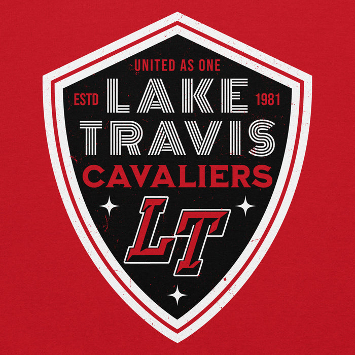 Close-up view of Lake Travis High School Cavaliers Red Classic Unisex Hoodie 225